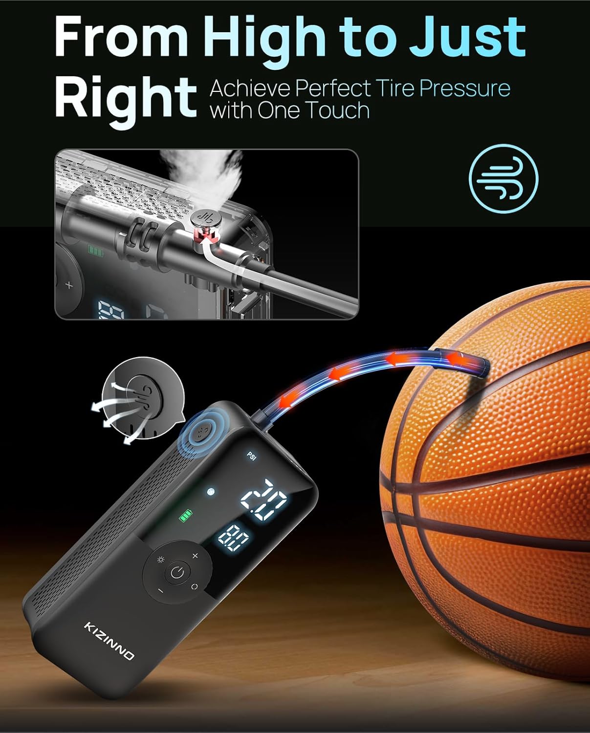 Electric Bike Pump Portable for Bicycle Tires, Compact Motor Air Pump - Fast Inflator 150PSI Smart Air Pump with Digital Pressure Gauge for Bike, E-Bike, Motorcycle with Presta and Schrader Valve