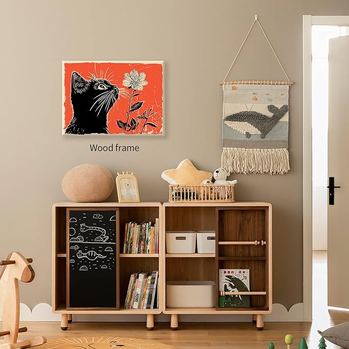 Black Cat Posters Vintage Animal Botanical Wall Art Cute Cat Sniffing Flower Canvas Painting Gift For Cat Lover 12x16 inch Framed Living Room Gallery Wall Decor