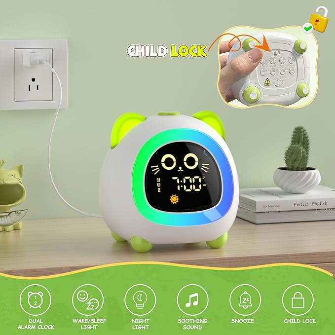 winshine Kids Alarm Clock, OK to Wake Clock with Night Light for Kids, Stay in Bed Clock Sleep Training, Nap Timer Cute Kids Room Decor, Gift Ideas for Kids Toddler Boy Girl (Green)