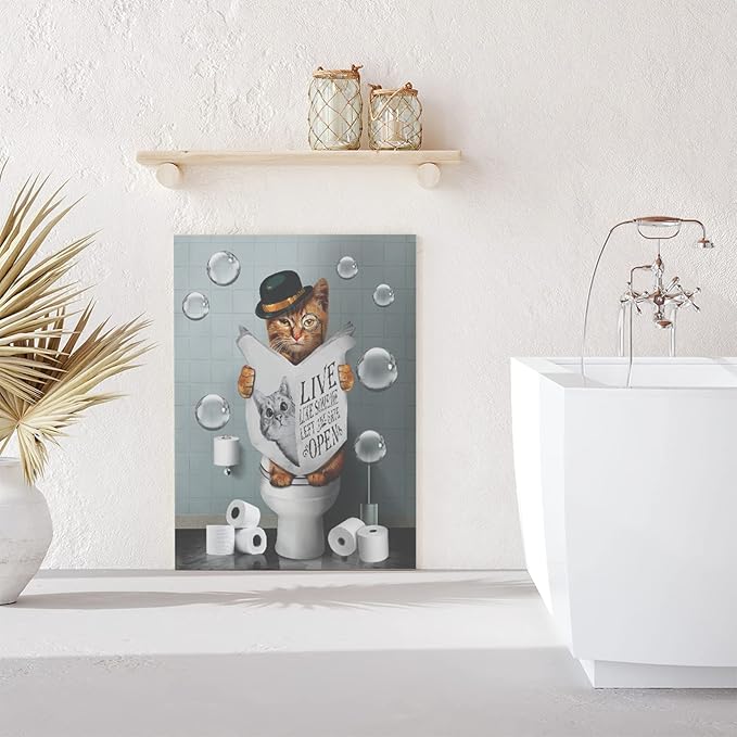 Bathroom Decor Canvas Wall Art Cute Cat Sitting in Toilet Reading Newspaper Pictures Farmhouse Bathroom Animals Wall Decor Painting for Bathroom Toilet Artwork Framed 16"x20"