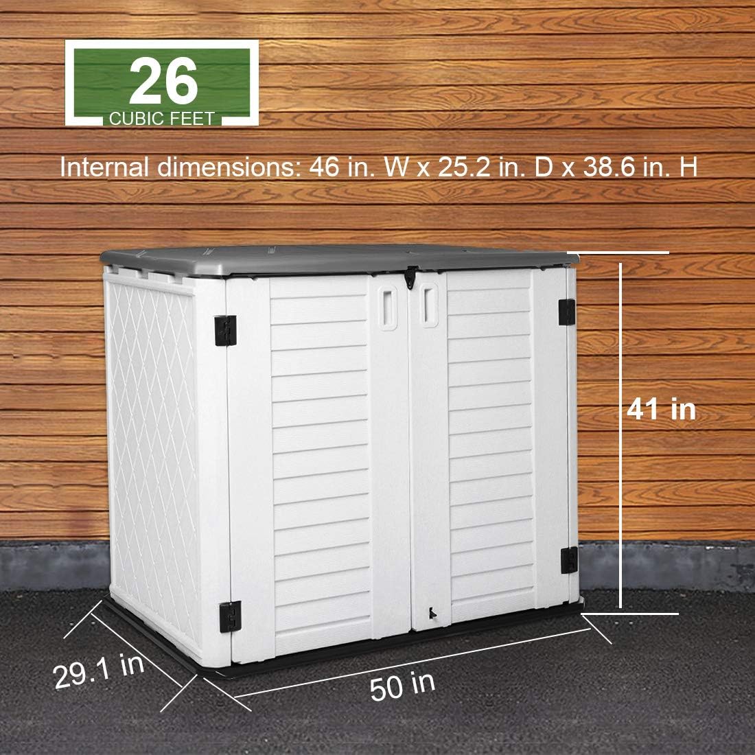 Horizontal Outdoor Garden Storage Shed for Backyards and Patios, Plastic Storage Box Waterproof, Small Shed 26 Cubic Feet Capacity for Bike, Garbage Cans, Lawn Mower, Tools and Garden Accessories
