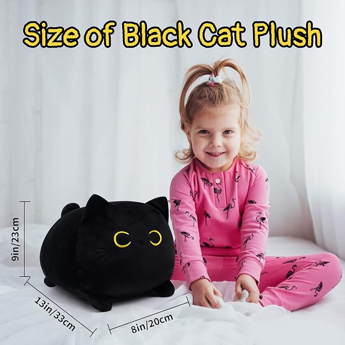 Black Cat Plush Toy Pillow, 13" Kawaii Stuffed Animal Plushie, Cute Cushion Throw Pillow for Kids Birthday Girlfriend Valentines Gift