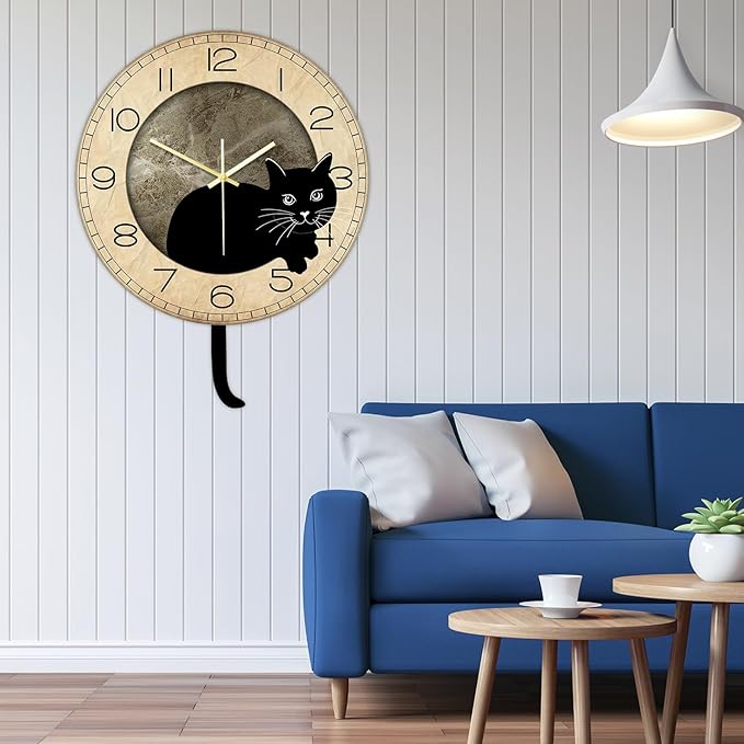 Black Cat Clock with Moving Tail Vintage, Funny Cat Wall Clock with Swinging Tail Silent Non Ticking Battery Operated Creative DIY Pendulum Wall Clock Black Kitty Decor Gift for Cat Lovers