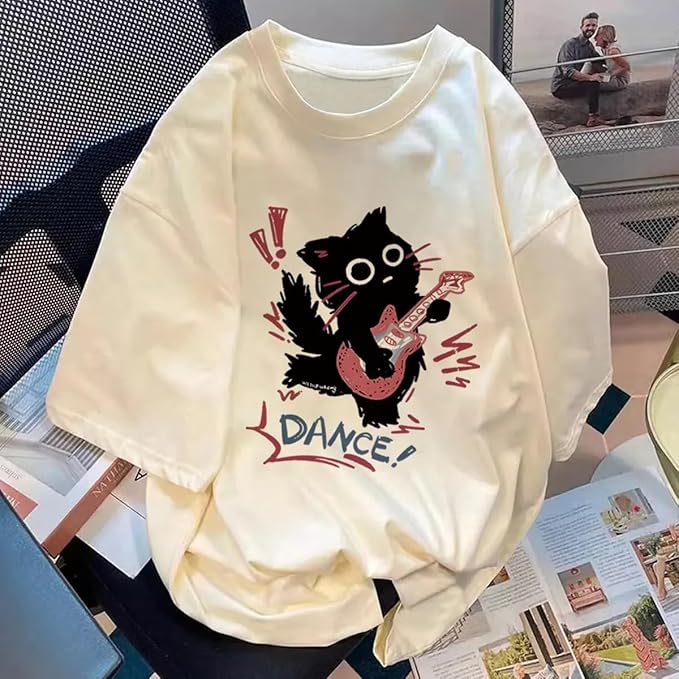 Women Vintage T-Shirt Y2K Cat Graphic Harajuku Tee Tops Summer Emo Grunge Oversized Streetwear Preppy Gothtic Clothes