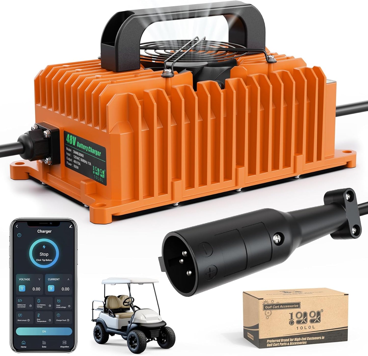 10L0L 15 Amp 48 Volt Golf Cart Charger for Club Car DS Precedent, Smart Golf Cart Battery Charger, 3 Battery Types Support, Battery Repair, Automatic Power Recharge, IP67 Waterproof