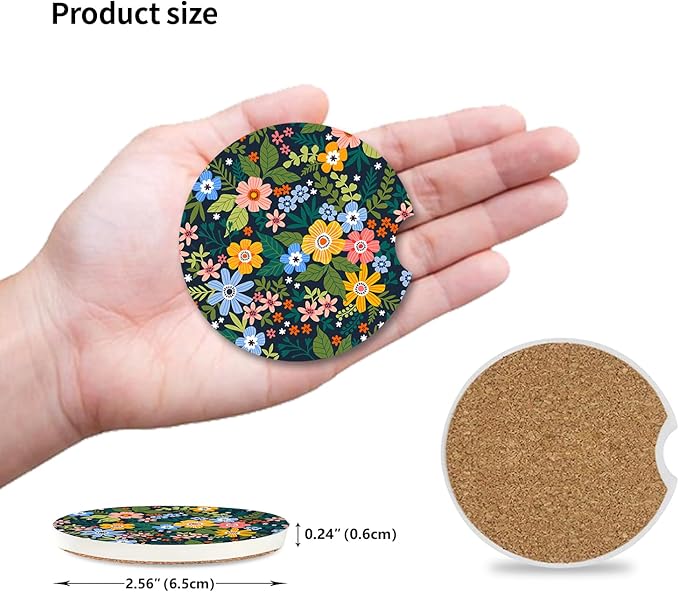 Yellow Flowers Car Coasters for Drinks Absorbent,2 Pack Cup Holders,2.56" Ceramic Stone & Non-Scratch Cork Base Coasters,Auto Accessories for Women & Men.