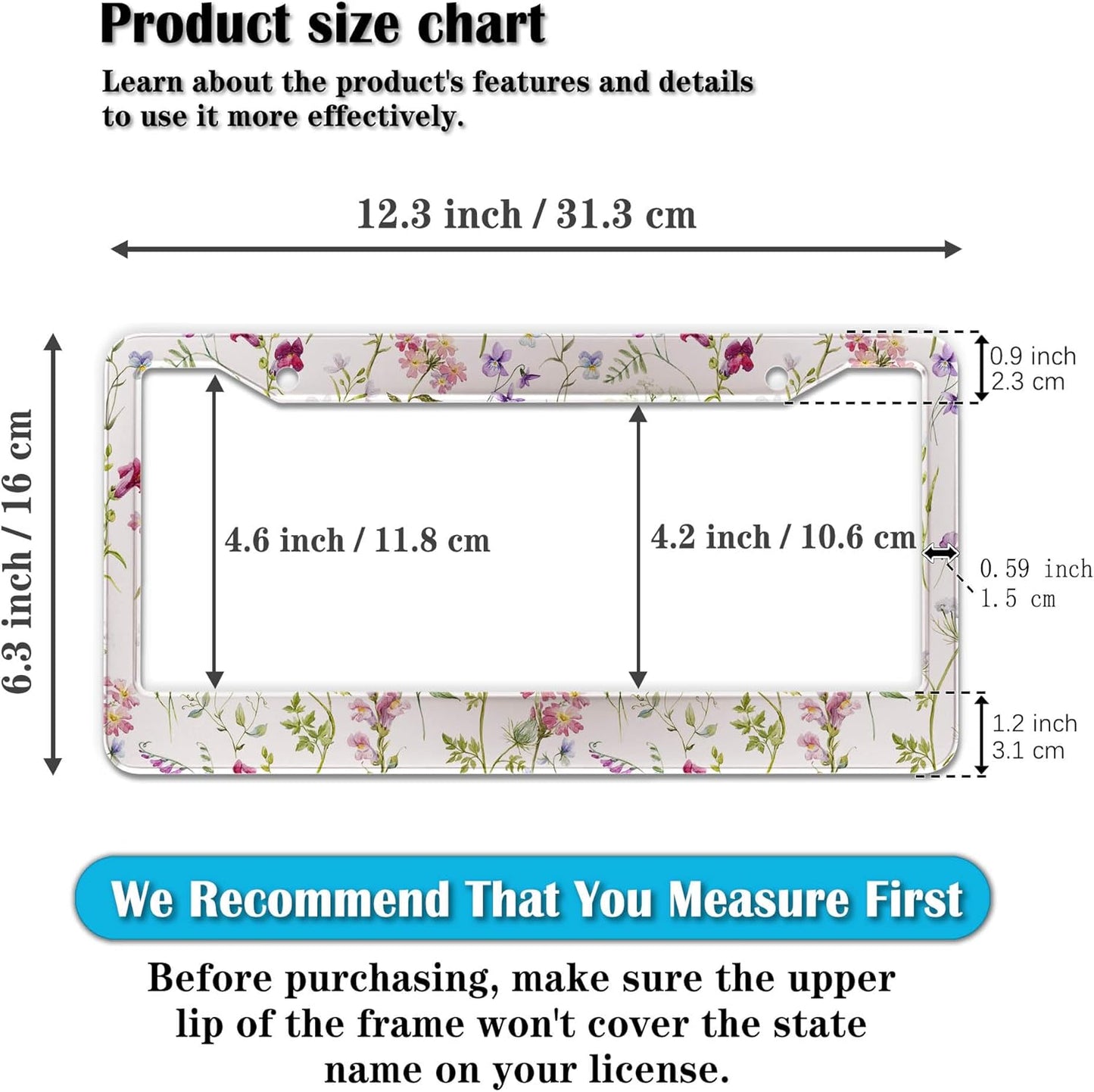 License Plate Cover Multicolor License Plate Frames Folk Flower Hippie Boho Floral Aluminum Metal Car Accessory 2 Pack with Screw Covers Set