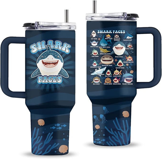 Whale Shark Gifts, Sharks Faces Tumbler with Handle & Straw & Lid, 40 Oz Stainless Steel Shark Cup, Presents for Animal Lovers, Friend Brother Sharks Birthday Gift, Gifts for Fathers Day