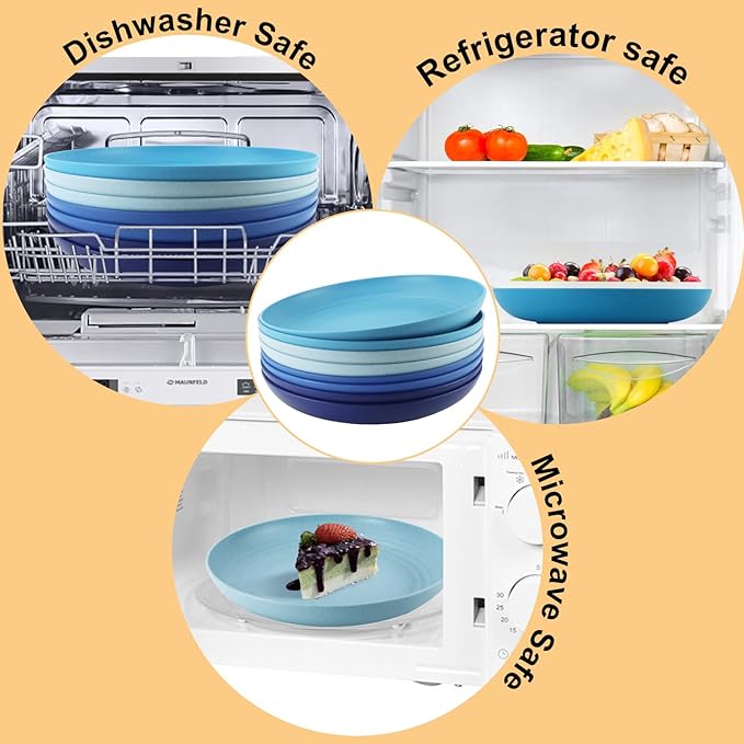 Wheat Straw Dinner Plates, 9 Inch Deep Set of 8, Lightweight & Unbreakable, Microwave & Dishwasher Safe Kids Plates (Blue Series)