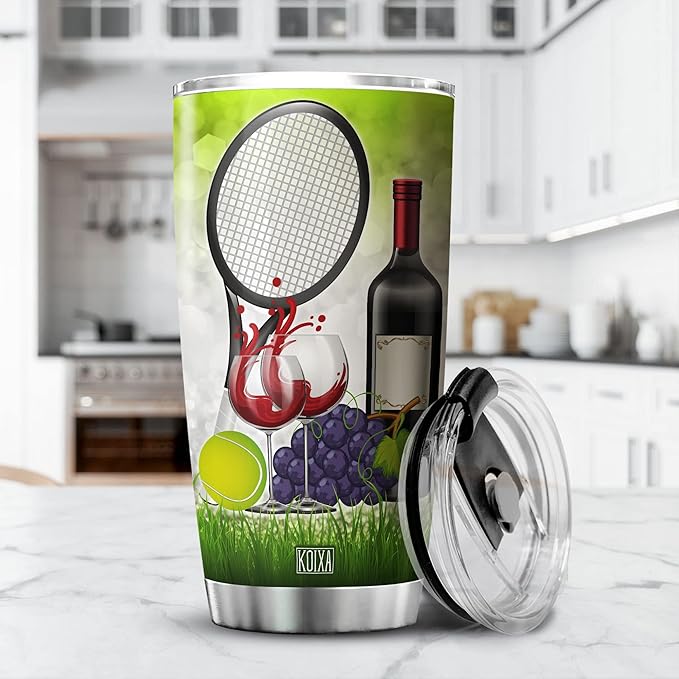 Tennis And Wine Stainless Steel Tumbler 20oz Funny Saying Coffee Cup With Lid Sport Enthusiast Tennis Lover Gift For Women Red Wine Themed Birthday Gifts Insulated Travel Mug