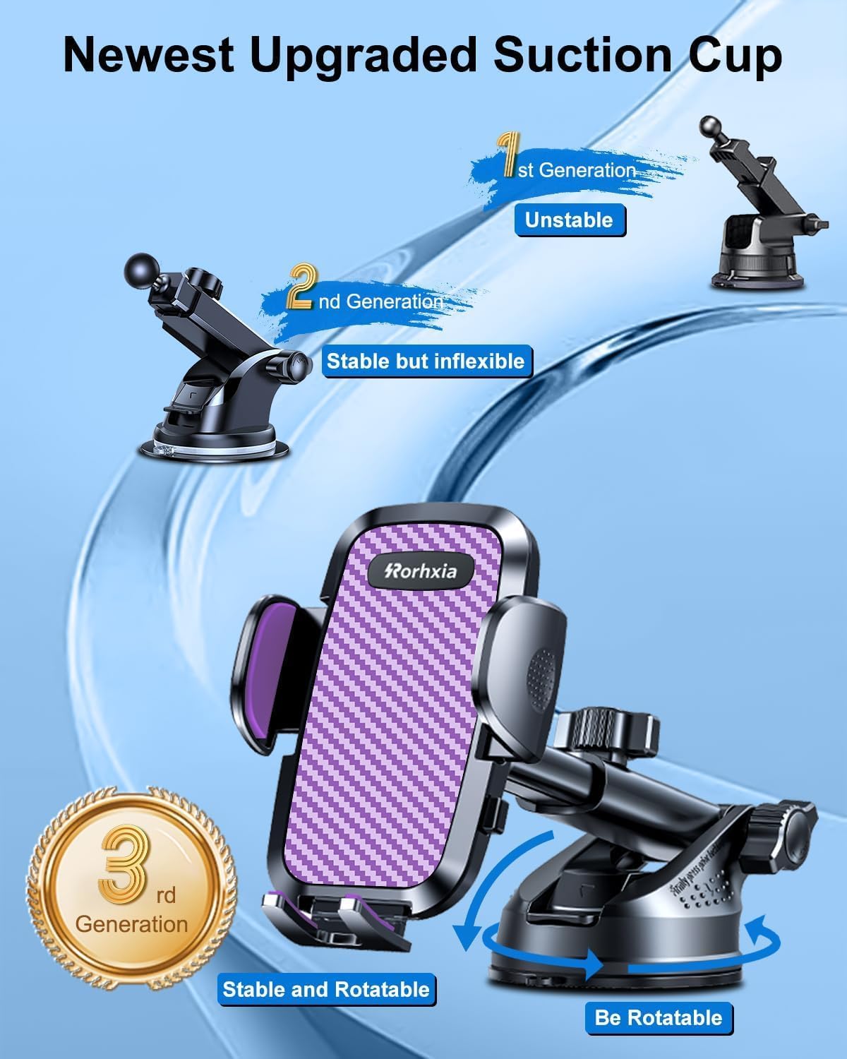 Purple 3-in-1 Phone Holders for Your Car [2025 Most Stable and Flexible Suction Cup] Vent Dashboard Windshield Cell Phone Car Mount Fit for iPhone, Samsung, All Phone