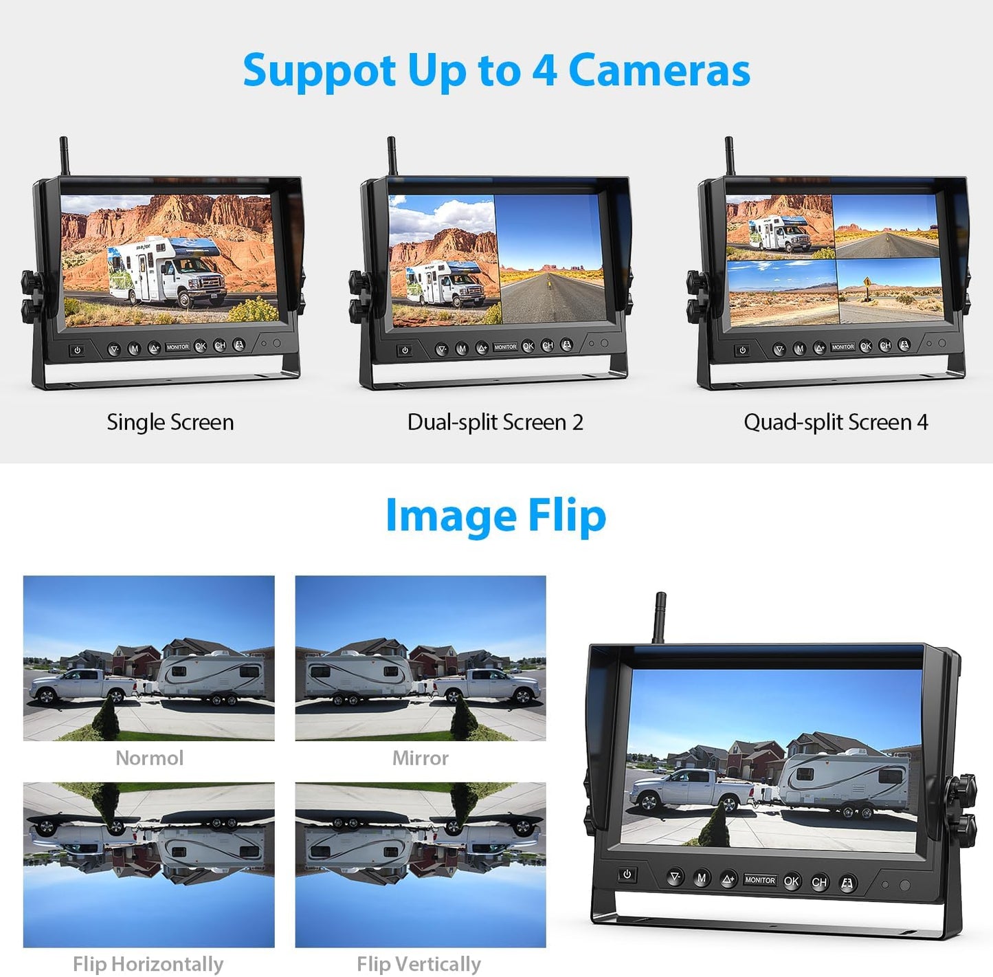 3 Magnetic Solar Wireless Backup Camera System, Quad RV Rearview Backup Cameras Wireless System with HD1080P 9 Inch DVR Monitor for Trailer RV Trucks, Built-in 9600mAh Solar Battery, BL903