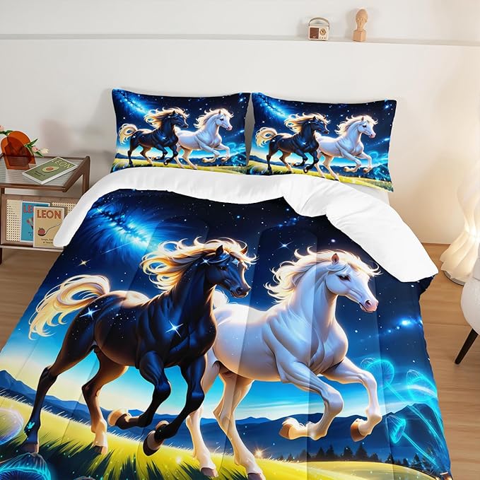 Western Bedding Sets Twin Size,Farmhouse Animal Theme Prairie Galloping Horse Comforter Set for Kids Girls Boys Room Decor,Dreamy Starry Sky Background Bedding Set with 2 Pillowcases.