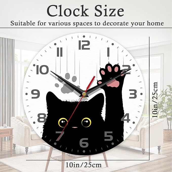 Wall Clock, 10 Inch Silent Non-Ticking Home Kitchen Decor, Battery Operated for Bathroom Bedroom Living Room Office(Cute Black Cats Paws)