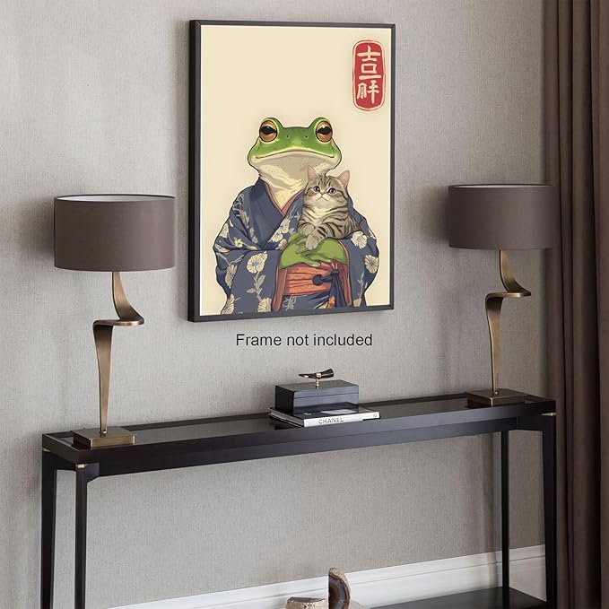 Vintage Japanese Frog & Cat Poster,Funny Anime-Inspired Kimono Frog Wall Art,Aesthetic Japanese Home Décor,Cute Print for Bedroom, Living Room Or Bathroom 24x36 in Unframed