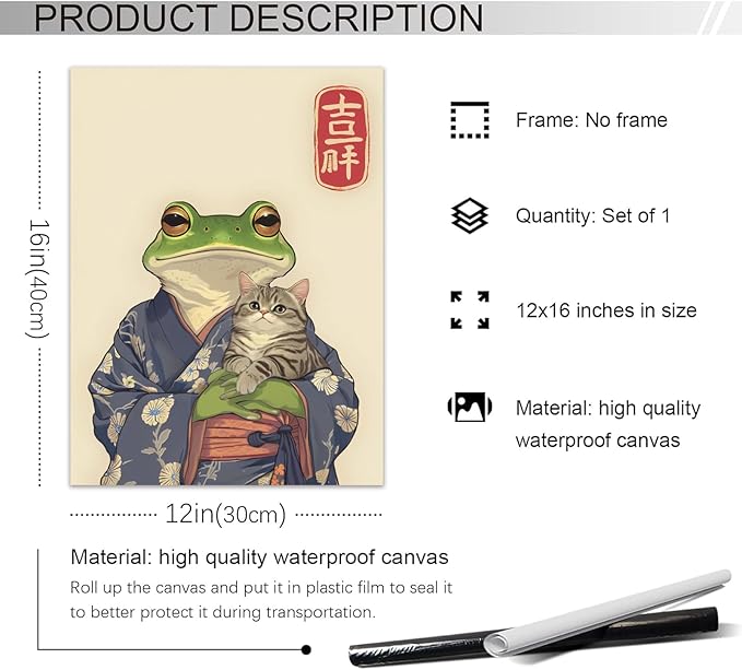Vintage Japanese Frog & Cat Poster,Funny Anime-Inspired Kimono Frog Wall Art,Aesthetic Japanese Home Décor,Cute Print for Bedroom, Living Room Or Bathroom 12x16 in Unframed