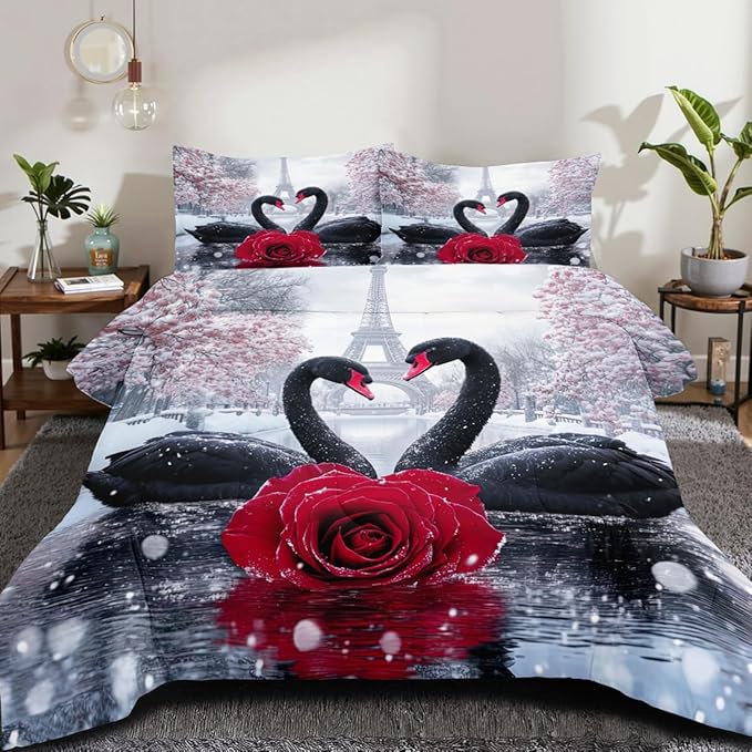 Swan Comforter Set Queen Couple Red Rose Bedding Set for Women Men Aesthetic Romantic Bedding Soft Down Alternative Comforter Sets for All Season Great Valentine's Day Bedroom Decor