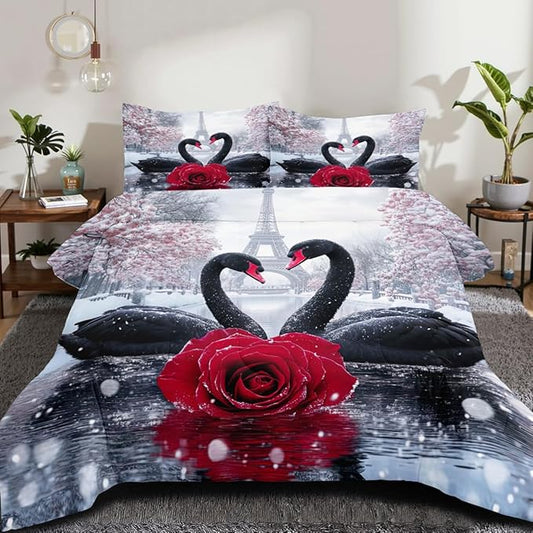 Swan Comforter Set Queen Couple Red Rose Bedding Set for Women Men Aesthetic Romantic Bedding Soft Down Alternative Comforter Sets for All Season Great Valentine's Day Bedroom Decor