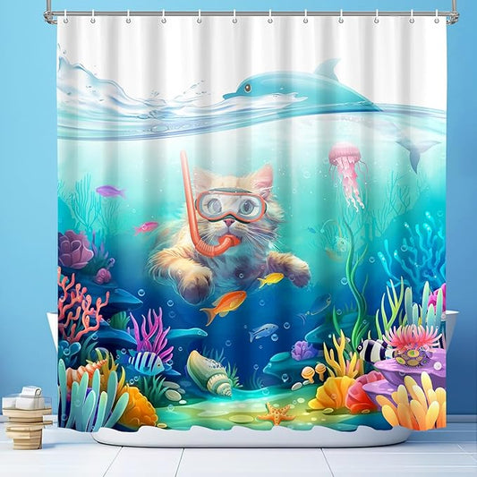 Vimorco Diving Cat Shower Curtain, Funny Cat Shower Curtains for Bathroom, Waterproof Quick-Dry Polyester Fabric Shower Curtain, Dolphin Jellyfish Ocean Bathroom Set, Bath Curtain Decor,72''x 72''