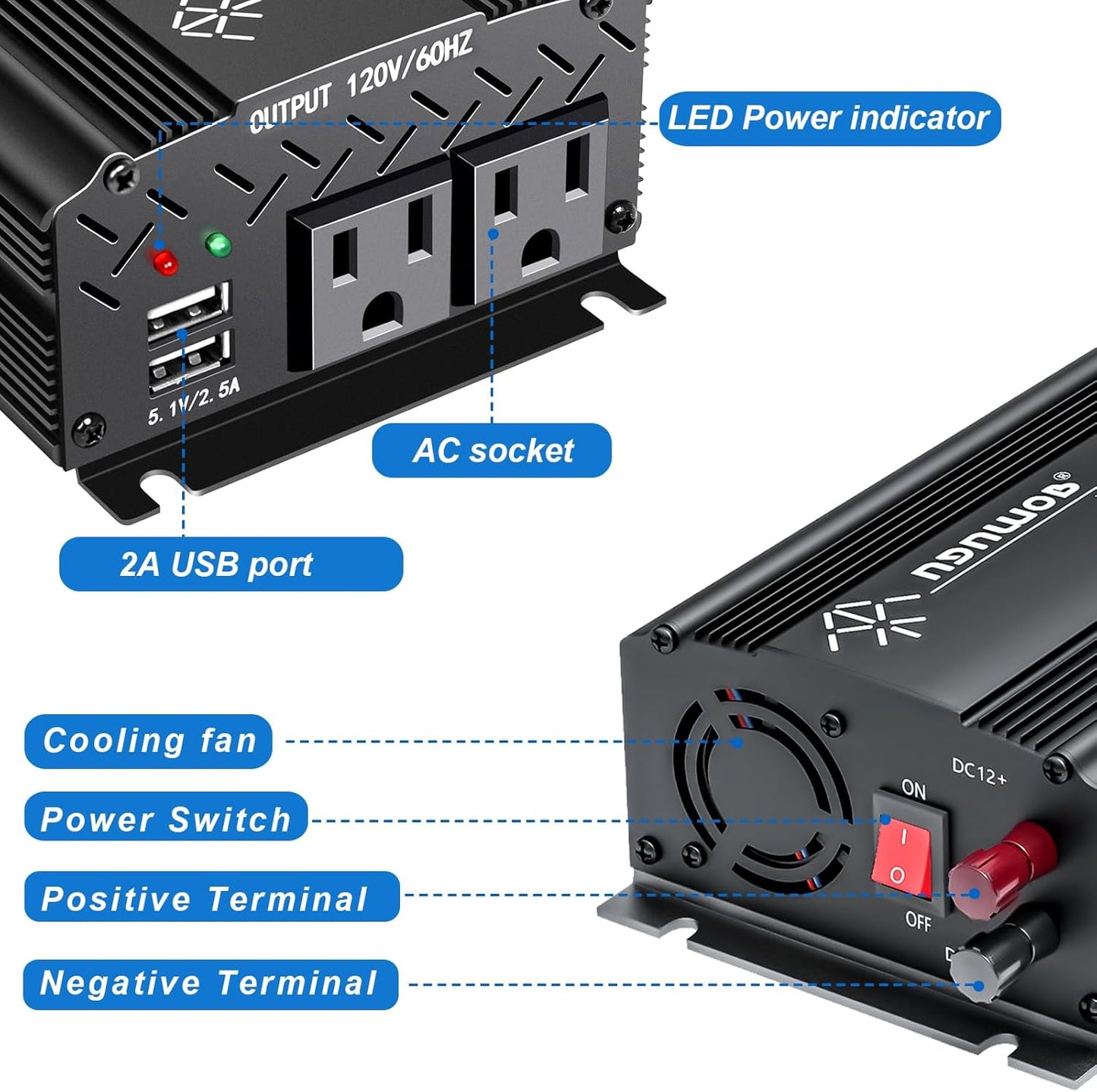 12V to 110V Inverter - 750W Car Inverter with 2 AC Outlets & 2 USB Ports for Trucks & Various Vehicles