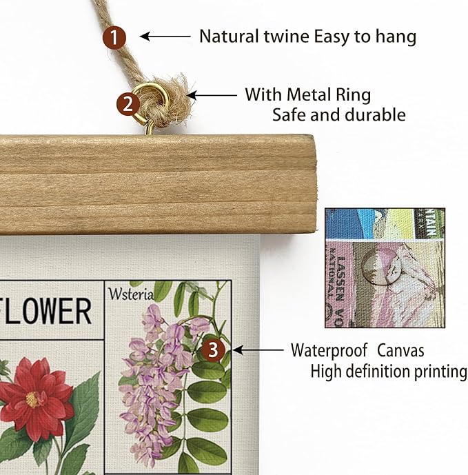 Vintage Spring Flower Poster Print, Botanical Educational Illustration, Rustic Wooden Hanger Frame, Linen Canvas Wall Art Decor, Farmhouse Cottagecore Style for Living Room Bedroom Office (20" x 30")