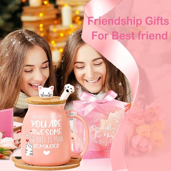 Thank You Gifts for Women Cute Cat Coffee Mug Birthday Friendship Gifts for Women Cat Lovers Kawaii Stuff Funny Tea Cup White Elephant Gifts For Adult Female Sister Mom Wife Coworker Bestie Bff
