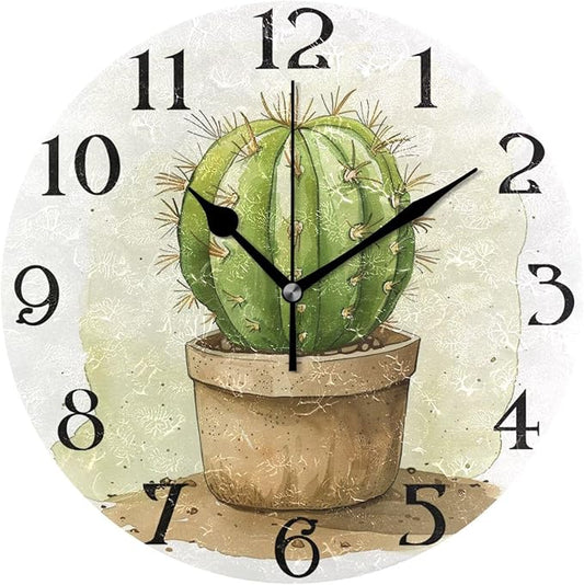 Cactus Tropical Plant Wall Clock Silent Non Ticking Kitchen Clock 9.5 Inch Round Bathroom Clock Battery Operated Quartz Analog Decorative Desk Clock Living Room Decor