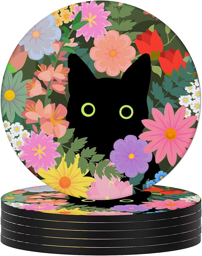 Swooflia Coasters for Drinks Coffee Table, Flower Black Cat Cute Colorful Silicone Absorbent Cup Coaster Set Housewarming Kitchen Home Wooden Desk Office Bar Tabletop Decor 6 Pack