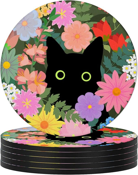 Swooflia Coasters for Drinks Coffee Table, Flower Black Cat Cute Colorful Silicone Absorbent Cup Coaster Set Housewarming Kitchen Home Wooden Desk Office Bar Tabletop Decor 6 Pack
