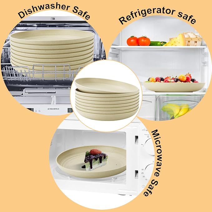 Wheat Straw Dinner Plates, 9 Inch Beige Set of 8, Lightweight Unbreakable Plastic, Microwave & Dishwasher Safe Kids Plates