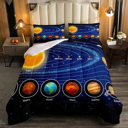 Solar System Comforter Set King Galaxy Bedding Set Outer Space Down Comforter Kids Boys Girls Starry Sky Universe Planets Duvet Set Room Decor Super Soft Astronomy Quilt Duvet Insert, Blue