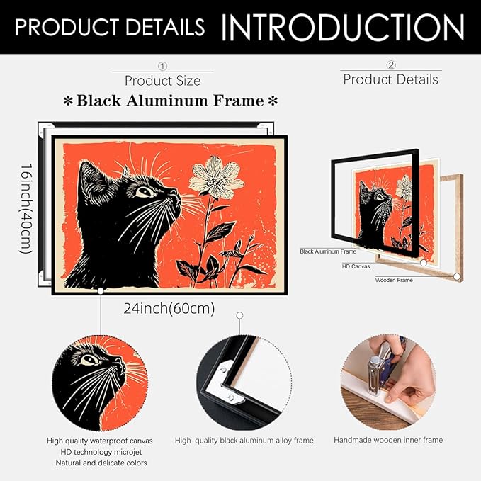 Black Cat Posters Vintage Animal Botanical Wall Art Cute Cat Sniffing Flower Canvas Painting Gift For Cat Lover 16x24 inch Black Framed Living Room Gallery Wall Decor