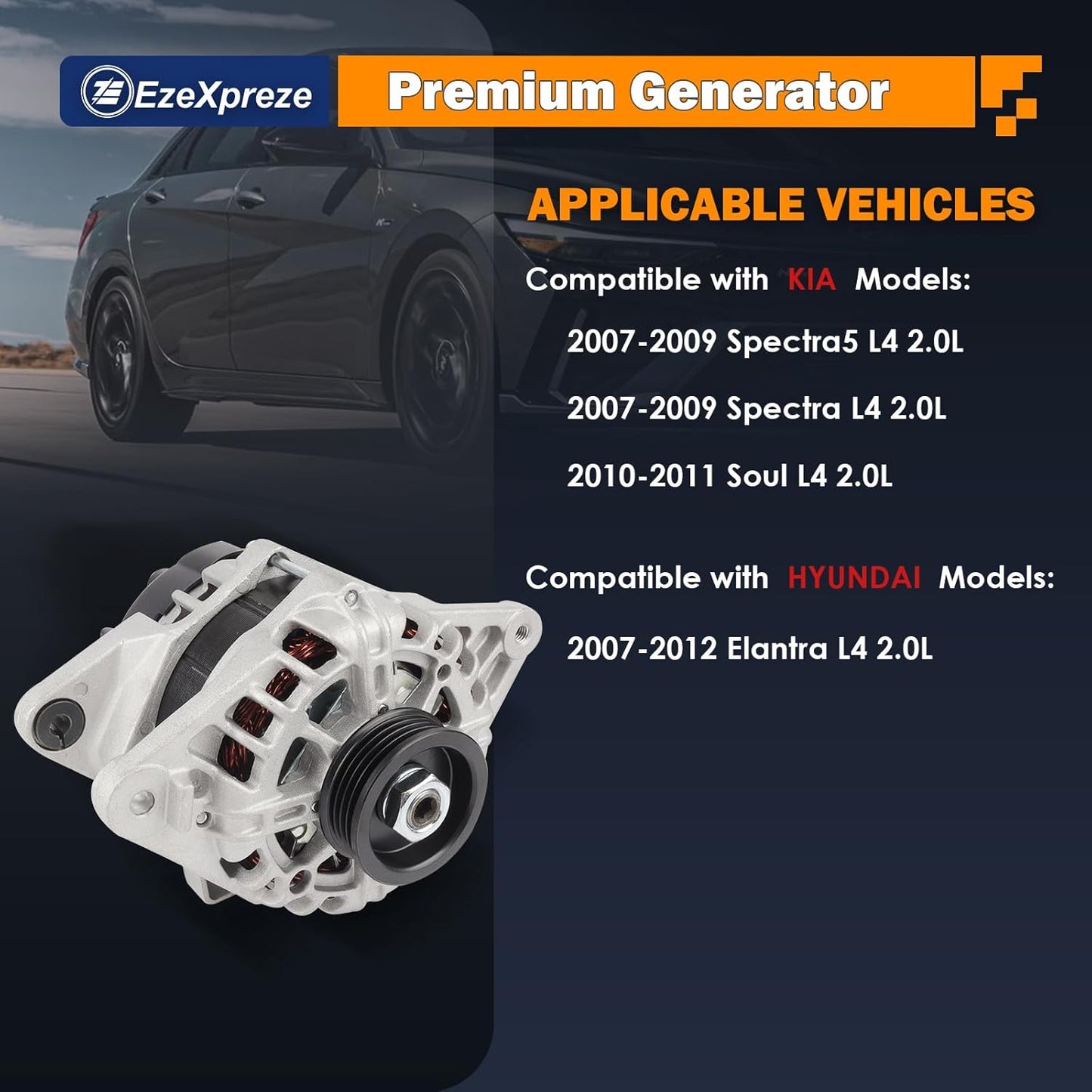 Ezexpreze 11311 New Alternator Replacement for 2007-2012 Hyundai Elantra 2.0L, 2010 2011 Kia Soul 2.0L, 2007-2009 Spectra 2.0L L4, 2655635, 600162, 3730023650, AVA0102, 40046020, 40046031