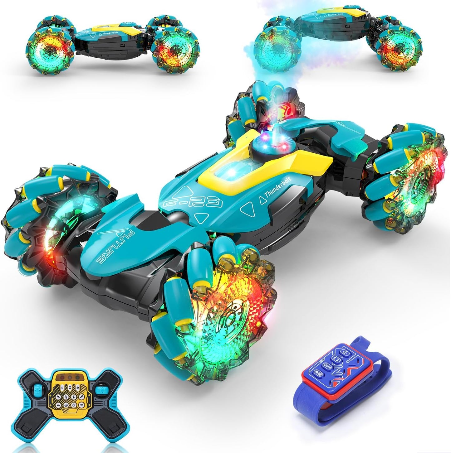 DEERC Gesture Sensing RC Stunt Car with Fog Mist & Music, 4WD Hand Controlled Remote Control Drift Car Toy for Kids, All Terrain Off-Road Double-Sided Driving with Lights, Birthday Gift for boy