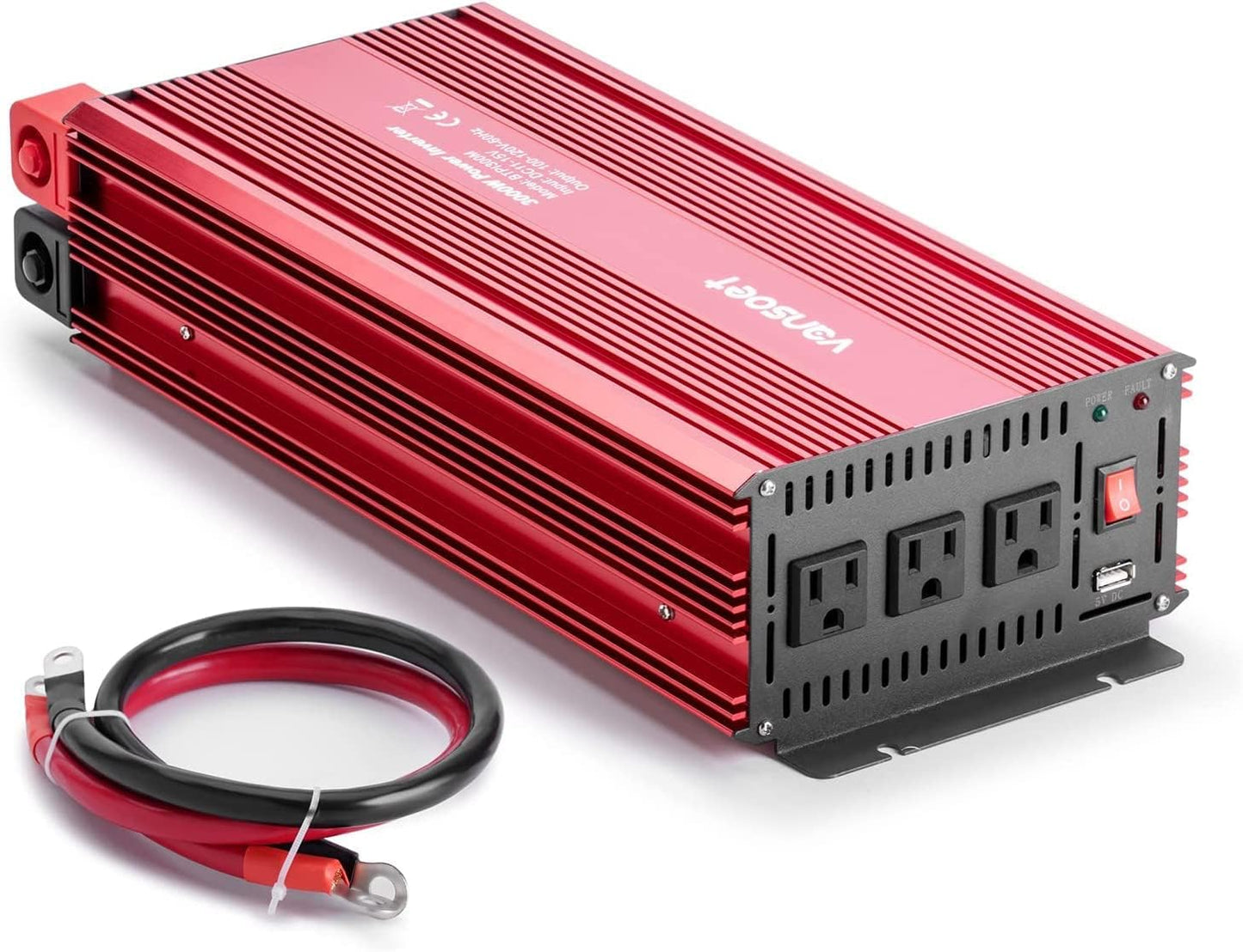 3000 Watts Power Inverter, 12V DC to120V AC Car Inverter with 3 AC Outlets and 2.4A USB Port, Battery Cables Included, 3000W Car Converter Suitable for Car RV Truck Boat(Red)