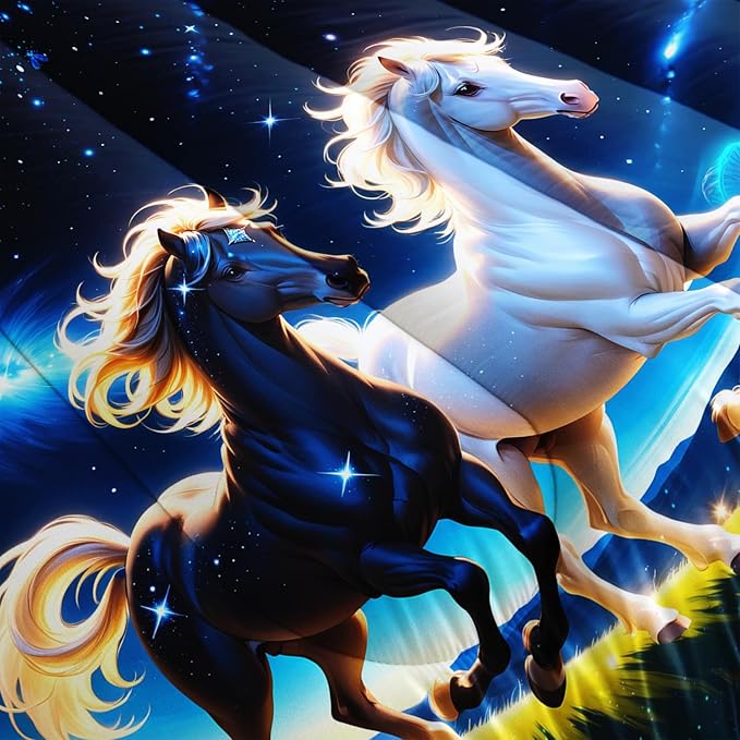 Western Bedding Sets King Size,Farmhouse Animal Theme Prairie Galloping Horse Comforter Set for Kids Girls Boys Room Decor,Dreamy Starry Sky Background Bedding Set with 2 Pillowcases.
