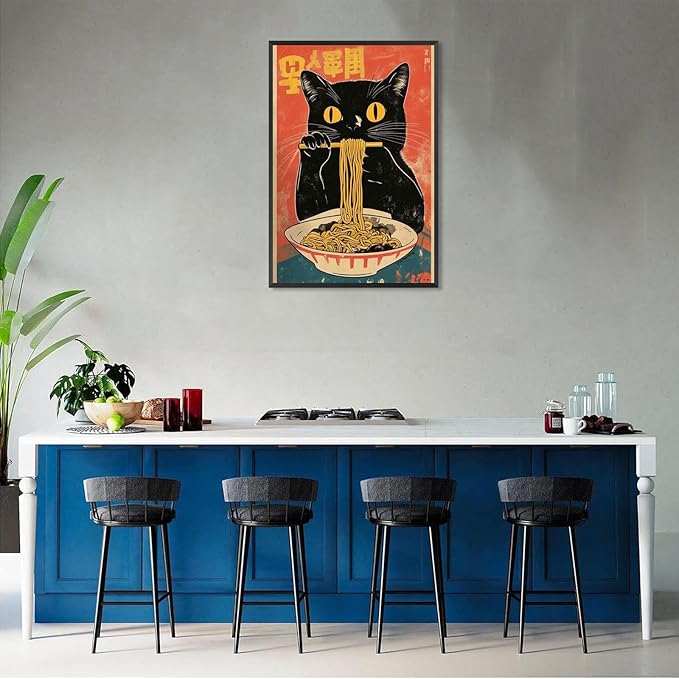 Vintage Cute Black Cat Eats Lamian Noodles Poster Prints Lamian Noodles Canvas Wall Art Cute Black Cat For Home Bedroom Kitchen Dorm Wall Decor 24x36in Black Frame