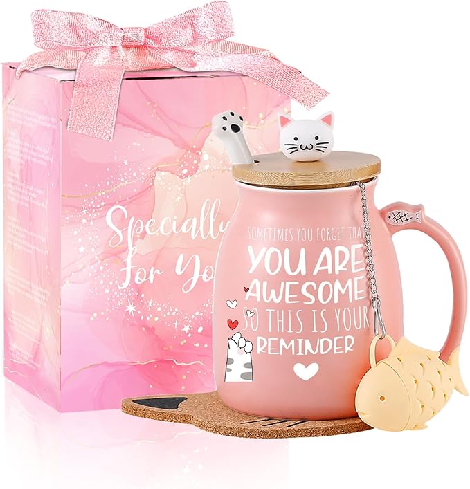 Thank You Gifts for Women Cute Cat Coffee Mug Birthday Friendship Gifts for Women Cat Lovers Kawaii Stuff Funny Tea Cup White Elephant Gifts For Adult Female Sister Mom Wife Coworker Bestie Bff