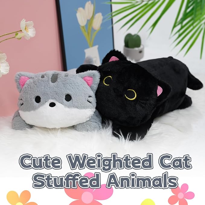 Weighted Cat Stuffed Animal,Cute Weighted Gray Cat Plush Pillow,Soft Large Gray Cats Plushies Pillows Toys Gifts for Kids 18 Inch,2 Lbs