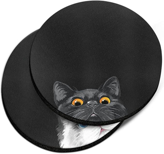 WIRESTER, Black Bombay Kitten Cat, White Silver Point Ragdoll Cat Design Absorbent ROUND Fabric Felt Neoprene Car Coasters for Drinks (2.87 inches), 2pcs Set