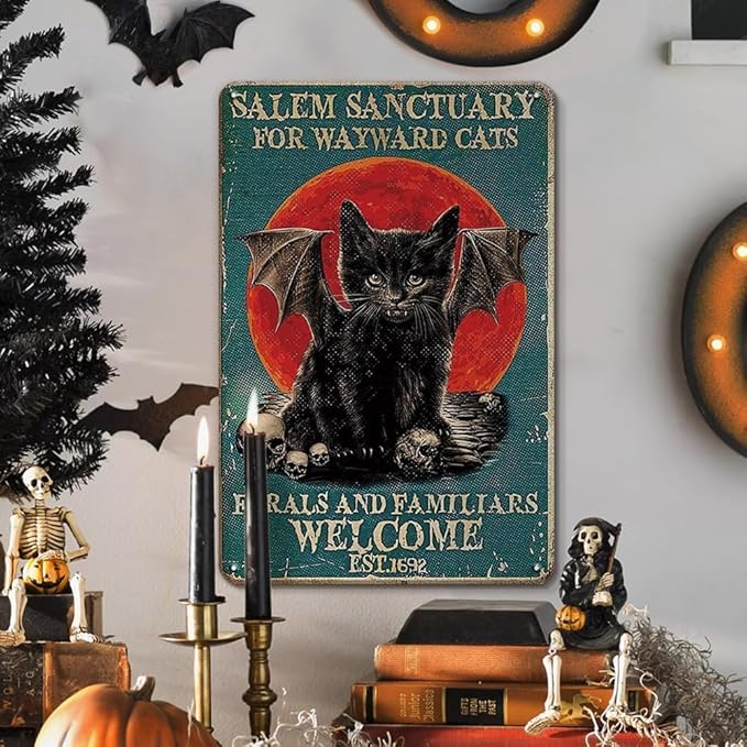 Vintage Black Cat Sign Salem Sanctuary For Wayward Cats Tin Sign for Home Bedroom Living Room Wall Art Decoration 8x12 inch (3034)