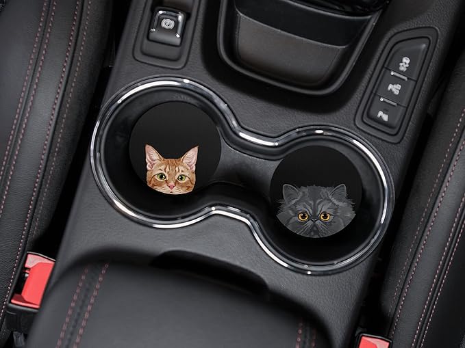 WIRESTER, Orange Tabby Kitten Cat, Black Persian Cat Design Absorbent ROUND Fabric Felt Neoprene Car Coasters for Drinks (2.87 inches), 2pcs Set
