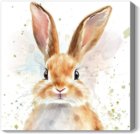 Watercolor Rabbit Wall Art Nursery Bunny Pictures Wall Decor Abstract Animal Canvas Print Art Cute Bunny Rabbit Poster Modern Artwork for Kids Bedroom Bathroom Living Room Home Decor 12x12inch