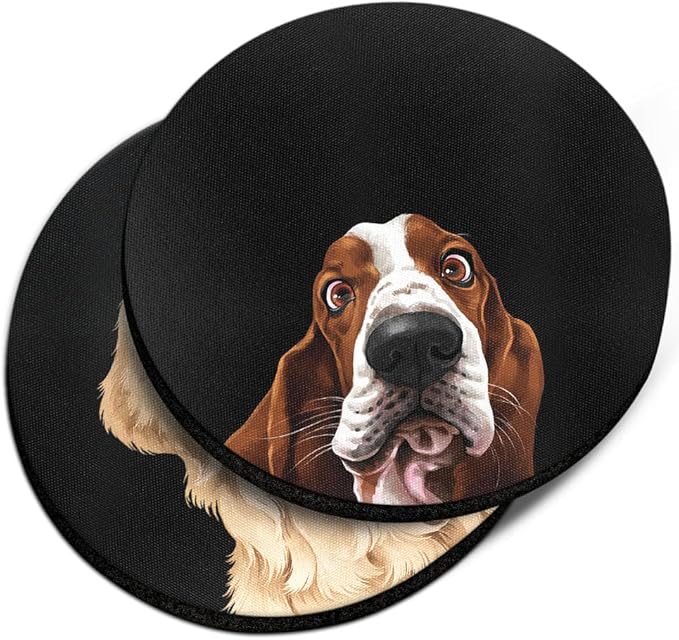 WIRESTER, Cute Basset Hound Dog, Winking Golden Retriever Dog Design Absorbent ROUND Fabric Felt Neoprene Car Coasters for Drinks (2.87 inches), 2pcs Set