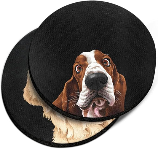 WIRESTER, Cute Basset Hound Dog, Winking Golden Retriever Dog Design Absorbent ROUND Fabric Felt Neoprene Car Coasters for Drinks (2.87 inches), 2pcs Set