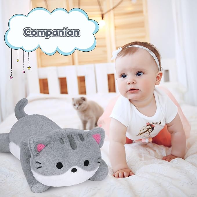 Weighted Cat Stuffed Animal,Cute Weighted Gray Cat Plush Pillow,Soft Large Gray Cats Plushies Pillows Toys Gifts for Kids 18 Inch,2 Lbs