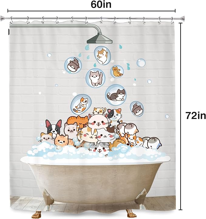 SVBright Cute Raining Cats Shower Curtain 60Wx72L Inch for Kids Cartoon Dog Funny Animals Nursery Lovely Hilarious Pets Playing Water 12 Pack Hooks Fabric Polyester Waterproof Bathroom Bathtub Panels