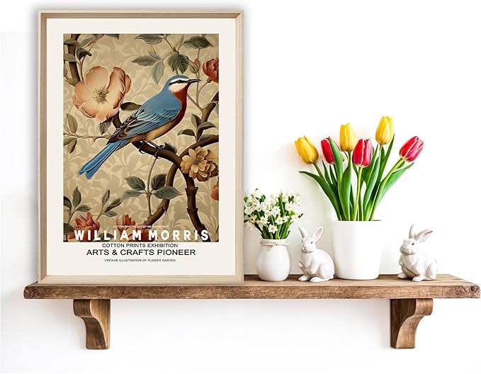 UPWOIGH Framed Wall Art, William Morris Wood Canvas Wall Art,12"x16" Cotton Pattern Colorful Botanical Bird Poster Wall Decor Aesthetic for Living Room Bedroom,Set of 3,Accessories