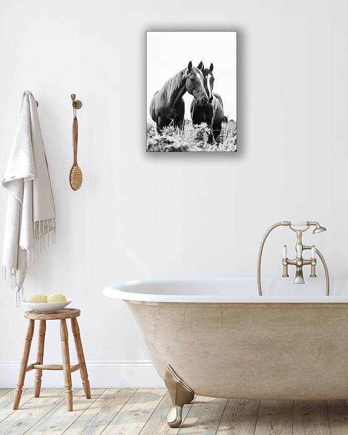 UPWOIGH Bathroom Wall Art Decor, Black and White Horse Wall Art, Waterproof Wood Framed Canvas Wall Art Animals Abstract Prints, 12"x16" High-end Pictures for Dormitory Kids Room 1 Pack