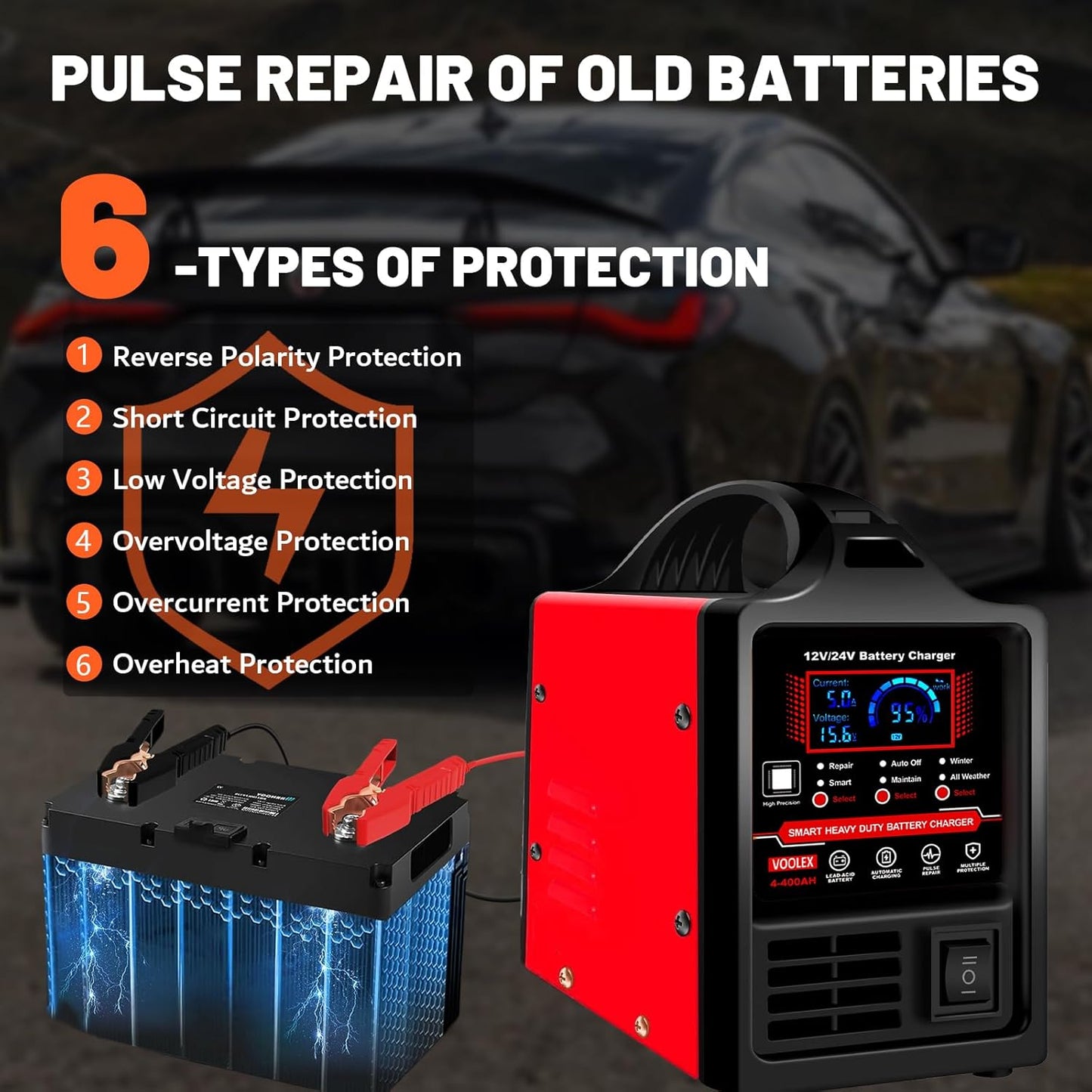 Voolex Car Battery Charger 12V 24V Portable Automotive Trickle Charger Battery Maintainer for AGM Car Truck Motorcycle RV Deep Cycle Repair, Winter Mode(for Lead Acid Batteries)